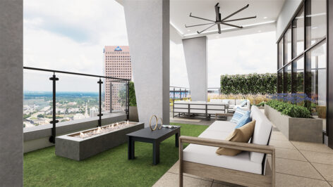 Outdoor lounge area with fireplace
